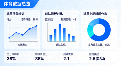 体育数据仪表盘，显示各种统计图表与数据指标